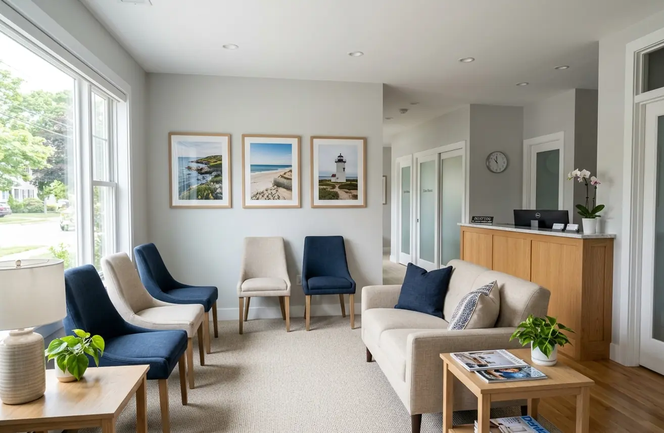 Reception and waiting room, guest chairs, sofa and carpet