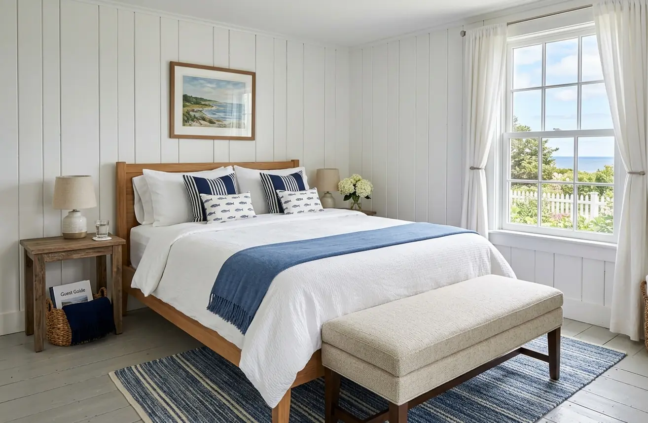 Short-term rental, mattress, bench and rug between guests