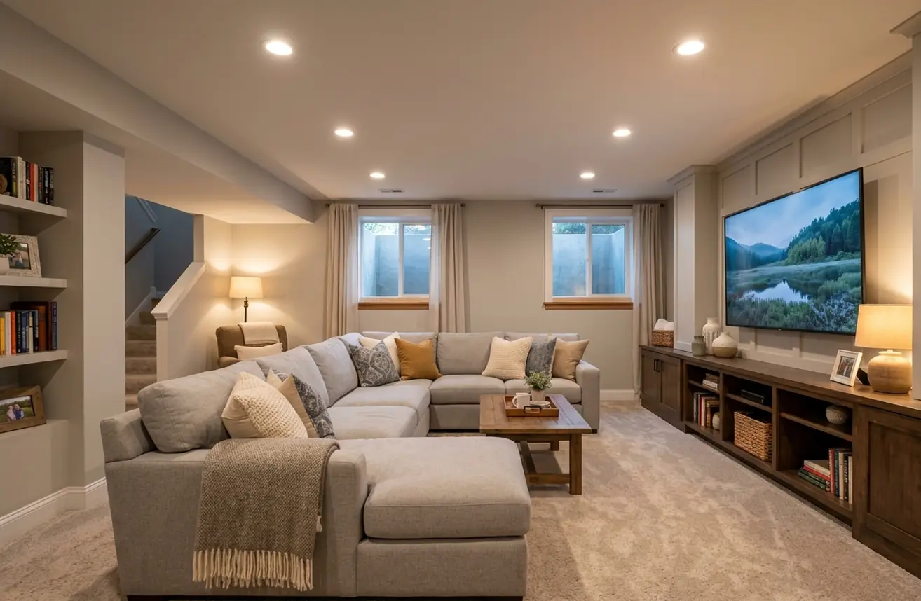 Finished basement, sectional and wall-to-wall carpet